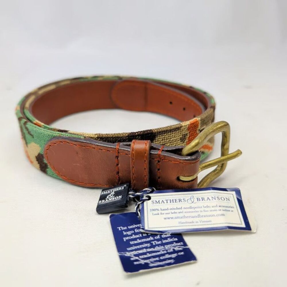 Smathers & Branson Texas Longhorns Needlepoint Belt Camo Leather Mens Size 32